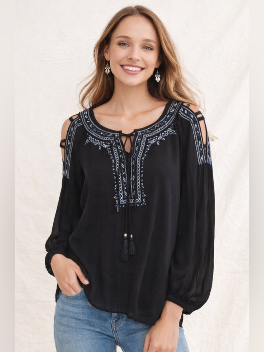 WHBM Tansy Embroidered Tie Neck Peasant Blouse w/ Shoulder Cutouts Size 4 Small